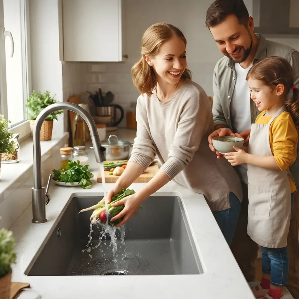 A family of three enjoying a wonderful life in the kitchen using a granite sink.